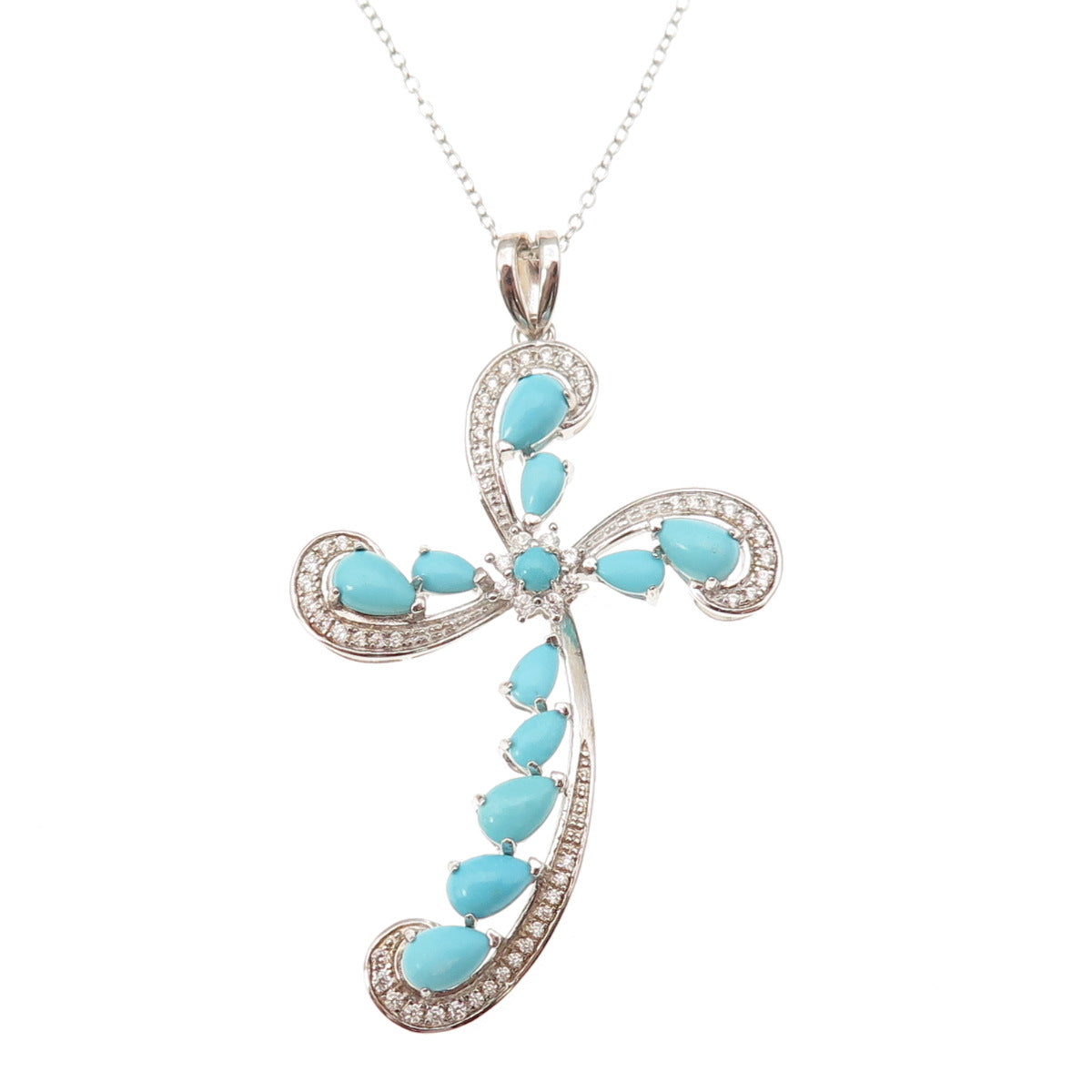 925 Sterling Silver Real Turquoise & White Topaz Cross Cable Chain Necklace 18"