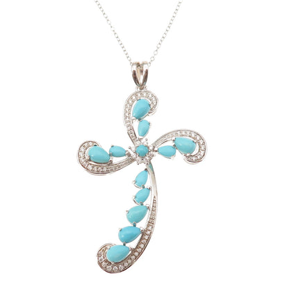 925 Sterling Silver Real Turquoise & White Topaz Cross Cable Chain Necklace 18"