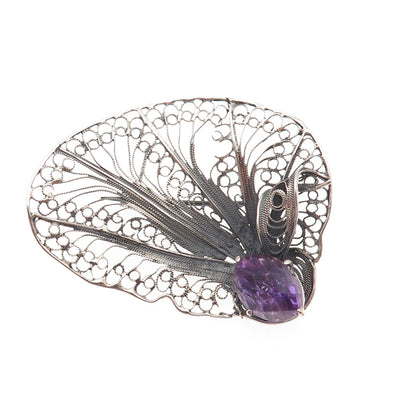 925 Sterling Silver Vintage Real Amethyst Floral Filigree Oxidized Pin Brooch