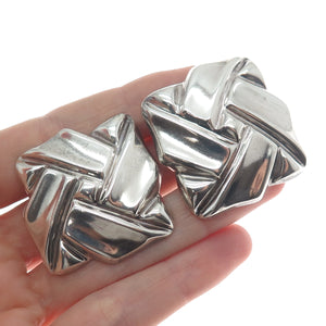 925 Sterling Silver Vintage Mexico Modernist Square Knot Clip On Earrings