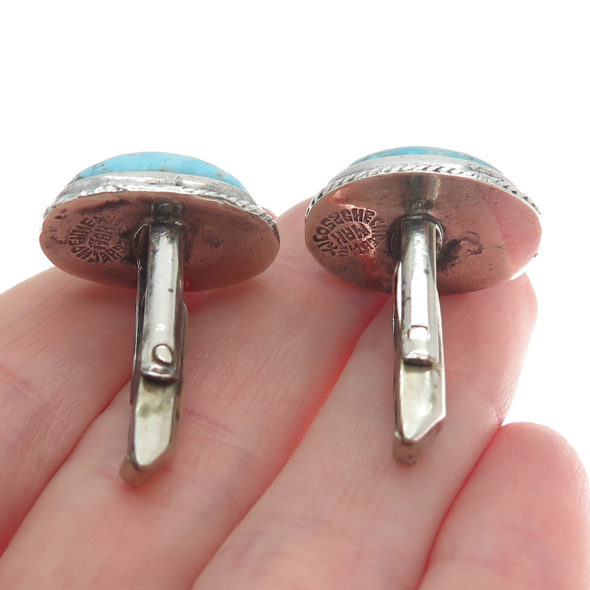 925 Sterling Silver Vintage Mexico Faux Turquoise Oxidized Cufflinks