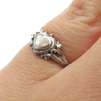 925 Sterling Silver Vintage Real Mother-Of-Pearl Heart Ring Size 4.5