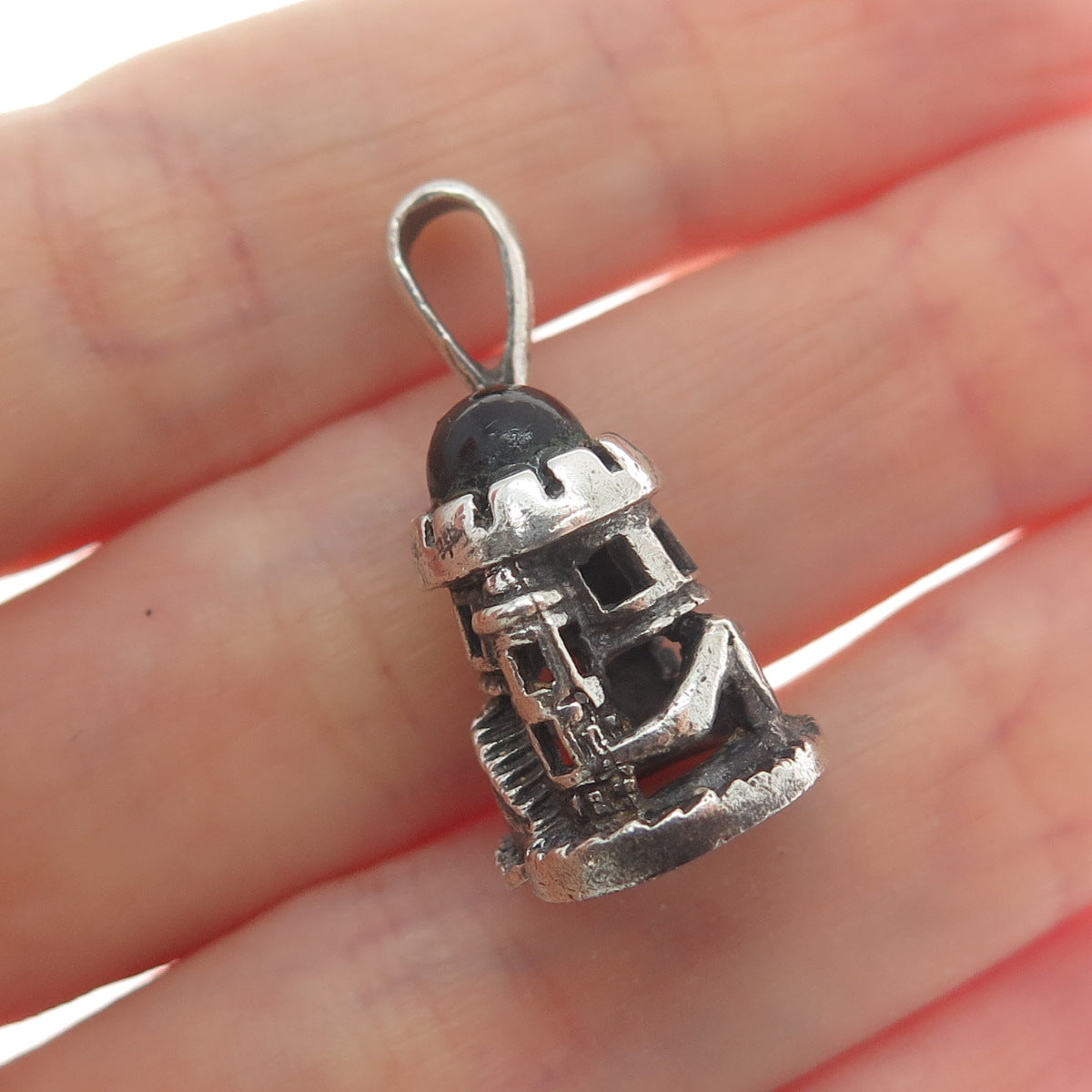925 Sterling Silver Vintage Onyx Tower of David Oxidized Mini 3D Charm Pendant