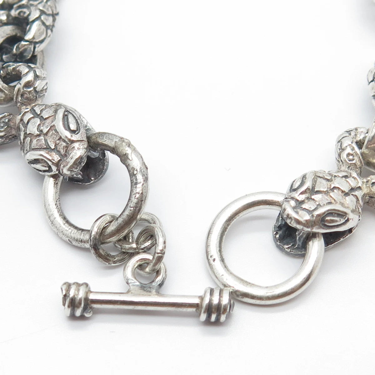 925 Sterling Silver Vintage Snake Head Ornate Rolo Link Bracelet 7.25"