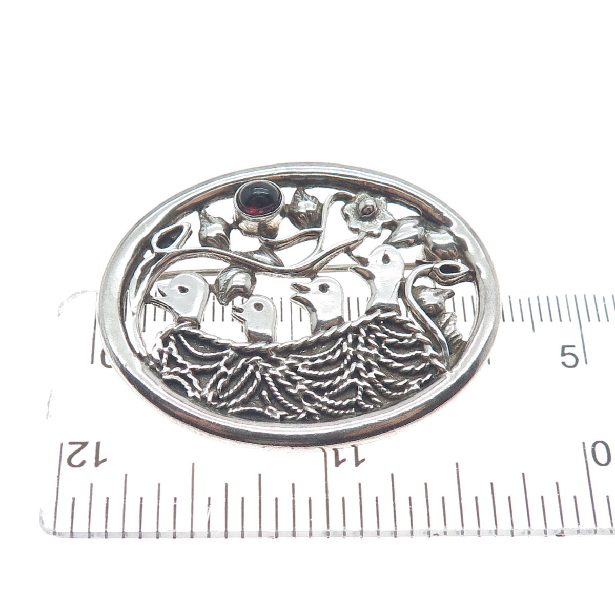 925 Sterling Silver Vintage Real Tourmaline Bird Nest Oxidized Pin Brooch
