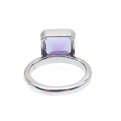925 Sterling Silver Real Emerald-Cut Amethyst Gemstone Ring Size 6