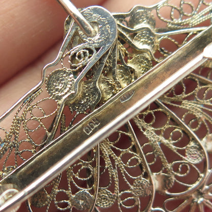 800 Silver Antique Art Deco Italy Filigree Floral Fan Pin Brooch