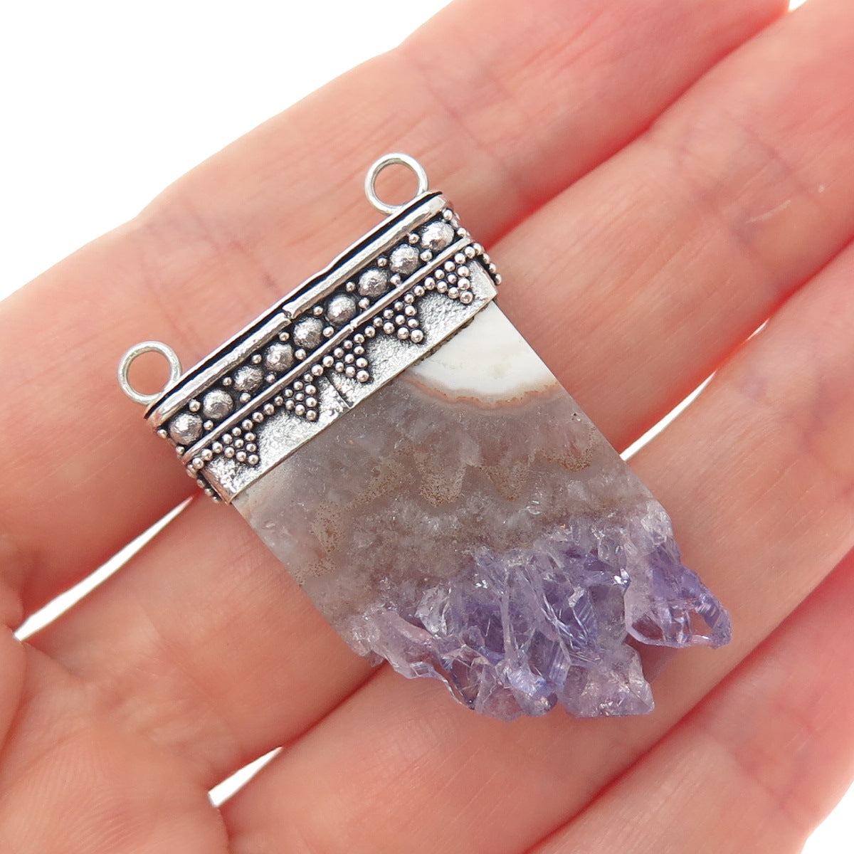 925 Sterling Silver Vintage Amethyst Agate Oxidized Slide Centerpiece Pendant