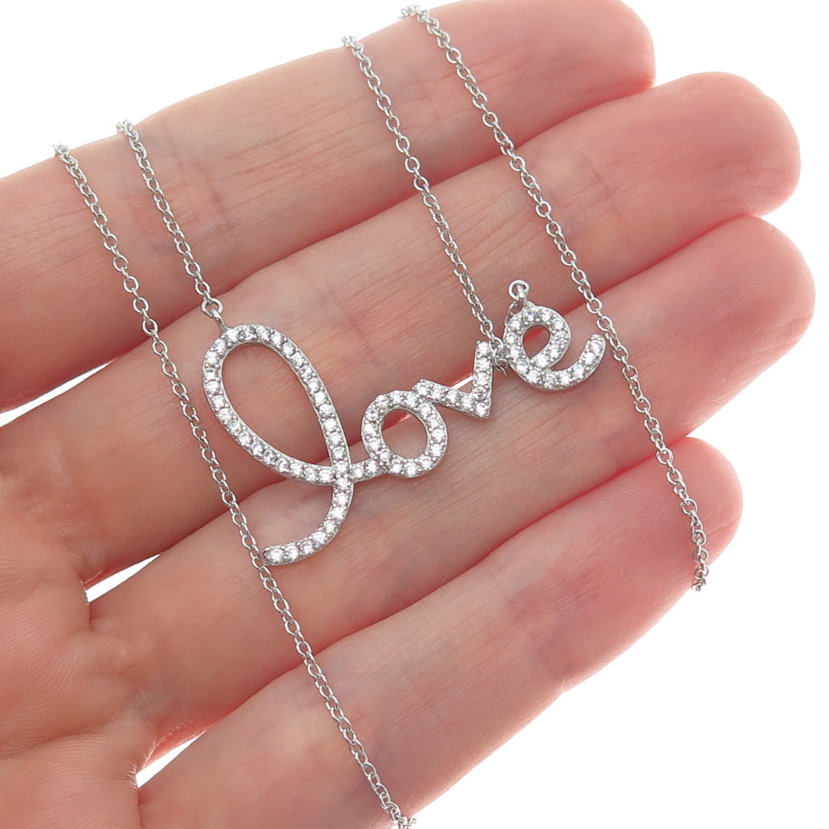 925 Sterling Silver Round-Cut Shaped C Z Love Cable Chain Necklace 18"