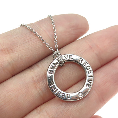 925 Sterling Silver Real Round-Cut Diamond "Desire Believe Receive" Necklace 18"