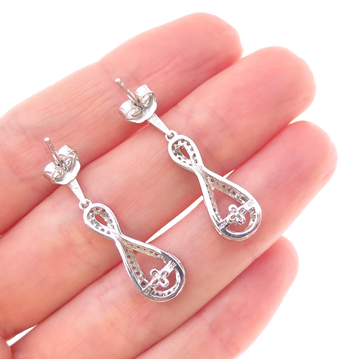 925 Sterling Silver Real Round-Cut Diamond Infinity Dangle Earrings