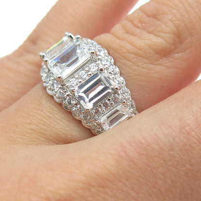 925 Sterling Silver Emerald & Round-Cut C Z Engagement Ring Size 7