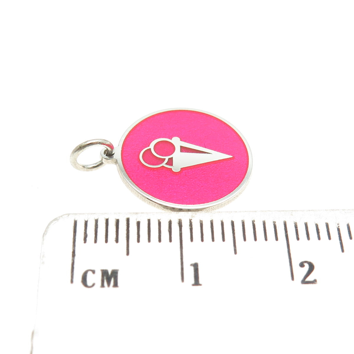 925 Sterling Silver Pink Enamel Ice Cream Round Tag Minimalist Charm Pendant