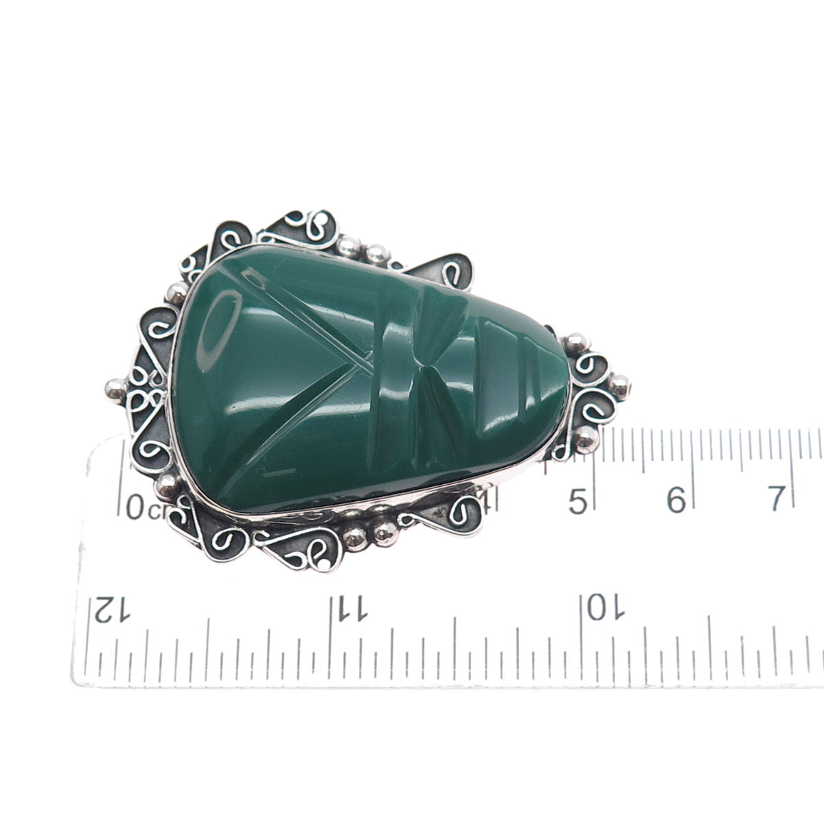 925 Sterling Silver Vintage Mexico Real Green Onyx Aztec God Pin Brooch Pendant