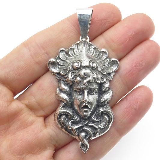 925 Sterling Silver Antique Art Deco Medusa Repousse Oxidized Pendant