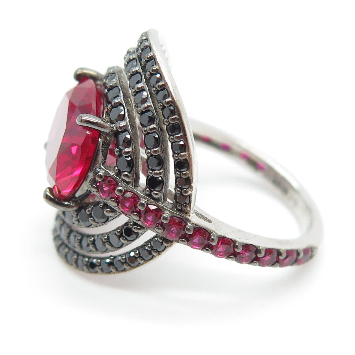 925 Sterling Silver Lab-Created Ruby & Black C Z Multi-Circle Ring Size 6.25