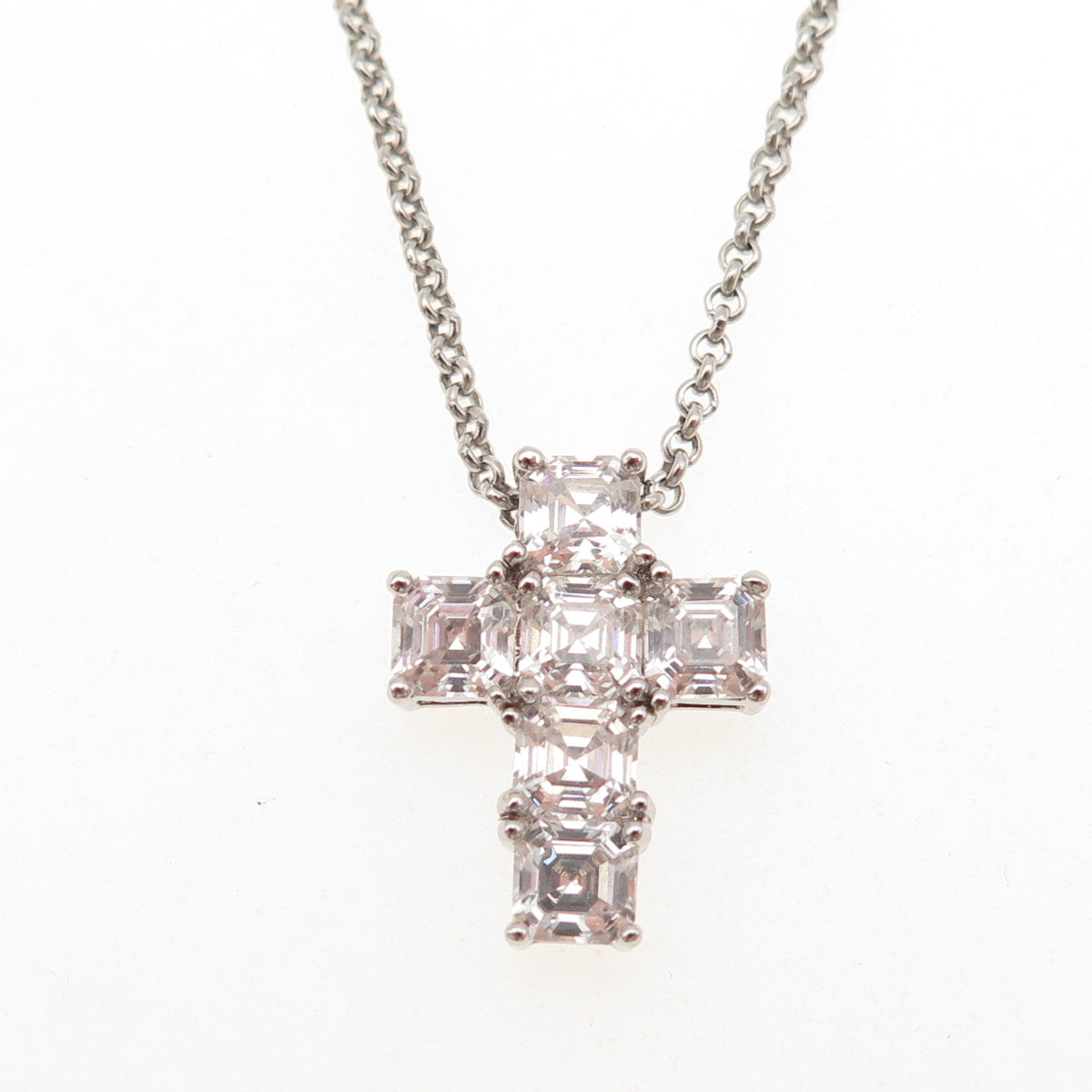 925 Sterling Silver Italy Asscher-Cut C Z Cross Rolo Chain Necklace 16"