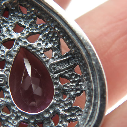 925 Sterling Silver Vintage Real Pear-Cut Amethyst Ornate Drop Pendant
