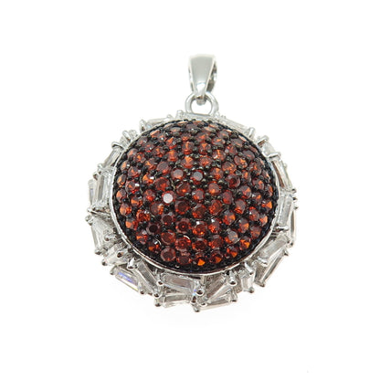 925 Sterling Silver Real Red Garnet & Tapered Baguette-Cut C Z Round Pendant