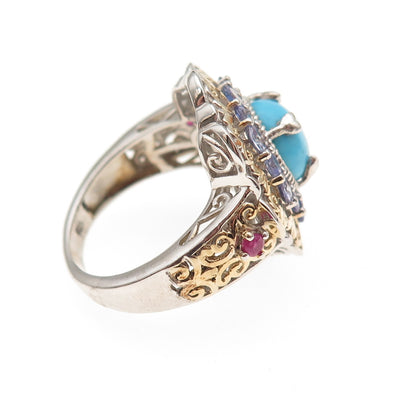 Chuck Clemency 925 Sterling 2-Tone Real Turquoise Tanzanite & Ruby Ring Size 8