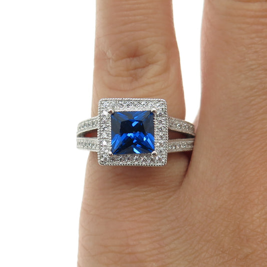 925 Sterling Silver Lab-Created Blue Sapphire & C Z Ring Size 5.25