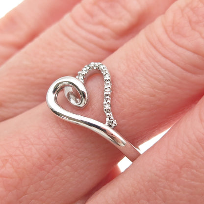 Sun 925 Sterling Silver Real Round-Cut Diamond Heart Ring Size 6.75