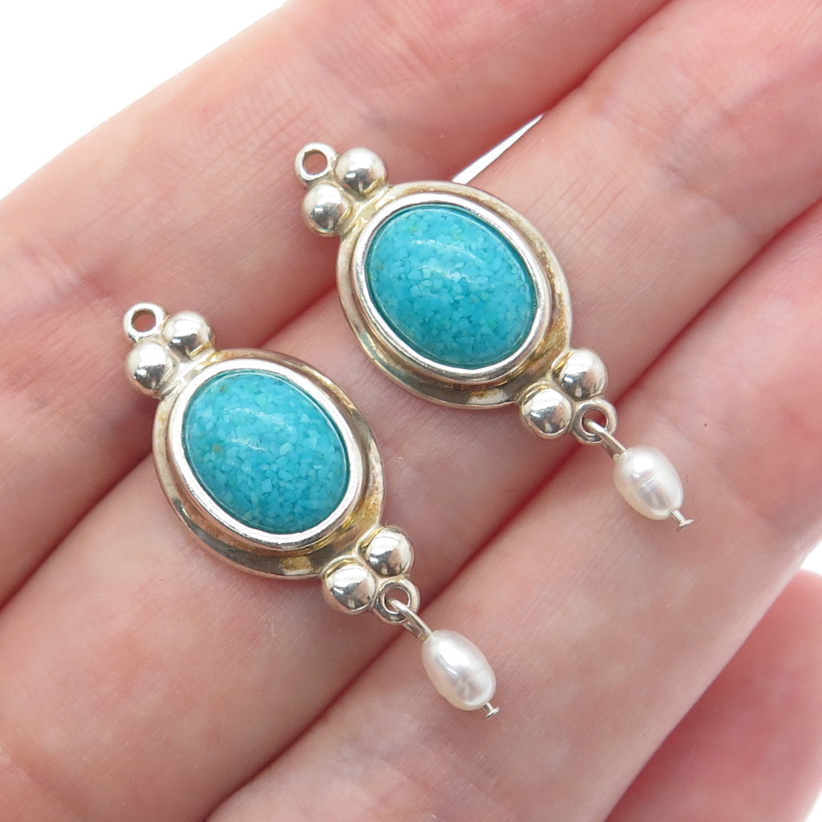 COLEMAN CO. Sterling Silver Vintage Real Turquoise Inlay & Pearl Jacket Earrings