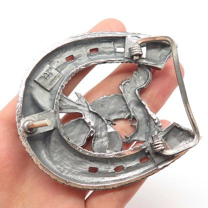 925 Sterling Silver Vintage Mexico Plata Horseshoe & Phoenix Birds Pin Brooch