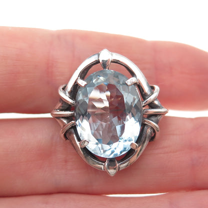 925 Sterling Silver Vintage Real Blue Topaz Modernist Oxidized Ring Size 7.5