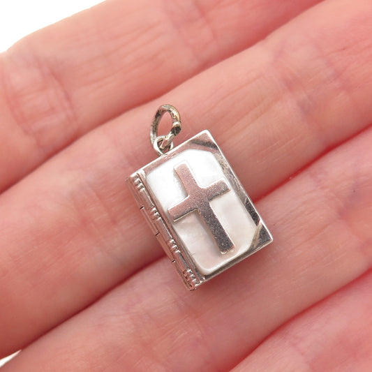 925 Sterling Antique Real MOP Prayer Cross Bible Mini Locket Charm Pendant