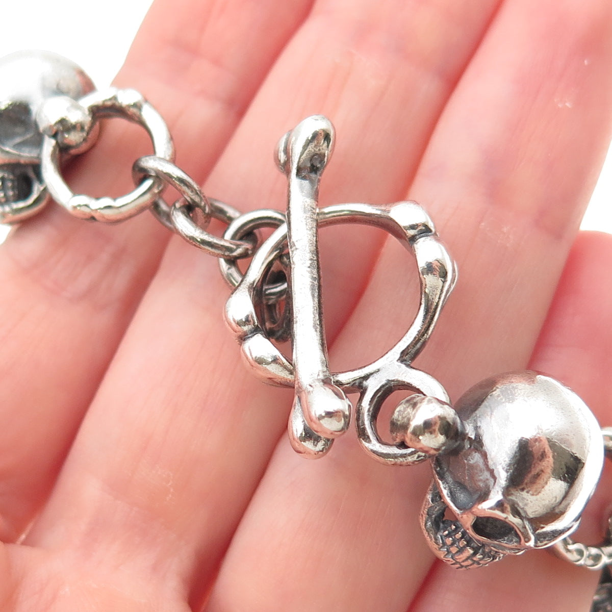 925 Sterling Silver Vintage Skull Link Oxidized Biker Bracelet 7.5"