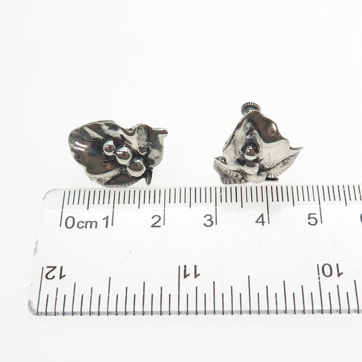 925 Sterling Silver Vintage Lily Flower Oxidized Screw Back Earrings