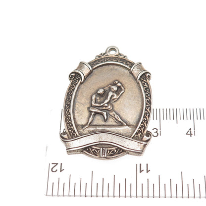 925 Sterling Silver Antique Art Deco Wrestling Medallion Oxidized Pendant