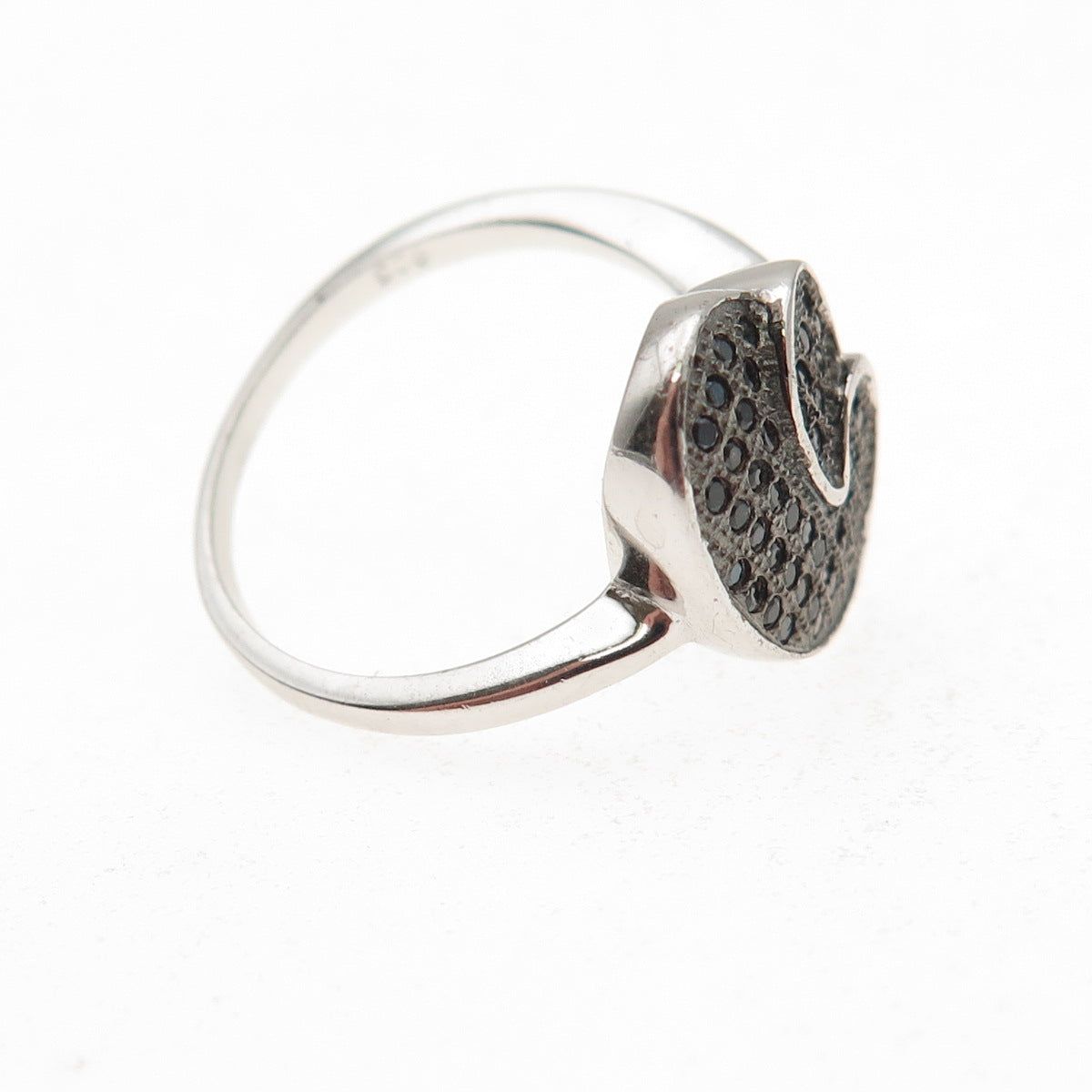 925 Sterling Silver Round-Cut Black C Z Double Heart Ring Size 5.5