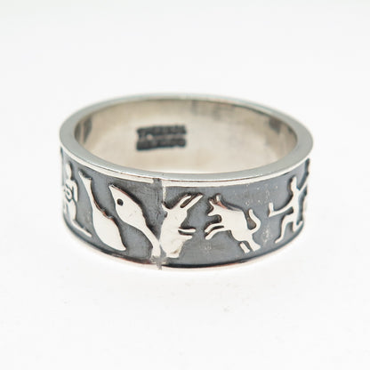 925 Sterling Silver Vintage Mexico Zodiac Calendar Oxidized Band Ring Size 11.75