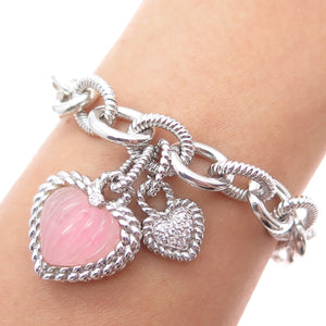 JUDITH RIPKA Sterling Silver Real Rose Quartz & C Z Heart Charm Bracelet 6.5"