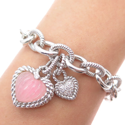 JUDITH RIPKA Sterling Silver Real Rose Quartz & C Z Heart Charm Bracelet 6.5"