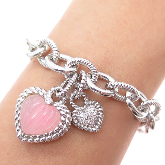 JUDITH RIPKA Sterling Silver Real Rose Quartz & C Z Heart Charm Bracelet 6.5"