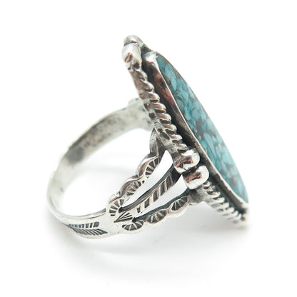 Old Pawn 925 Sterling Silver Vintage Turquoise Inlay Tribal Ring Size 7.25