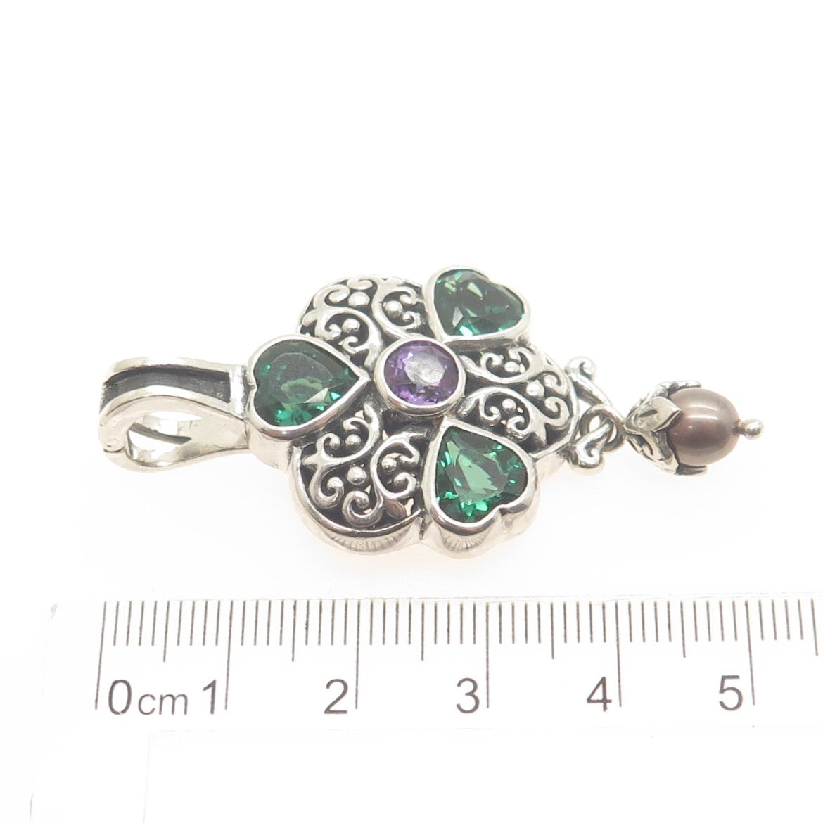 NK SILVER 925 Sterling Vintage Real Amethyst Chrome Diopside Pearl Heart Pendant