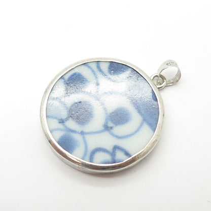 925 Sterling Silver Vintage Roun Pendant w/ Antique Chinese Porcelain
