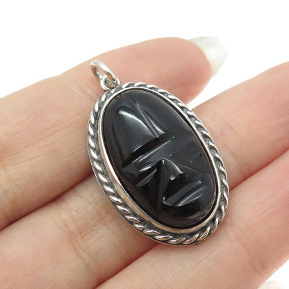 925 Sterling Silver Vintage Real Carved Black Onyx Gemstone Tribal Face Pendant