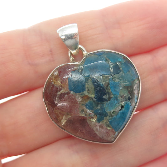 925 Sterling Silver Vintage Real Multi-Color Tourmaline Inlay Heart Pendant