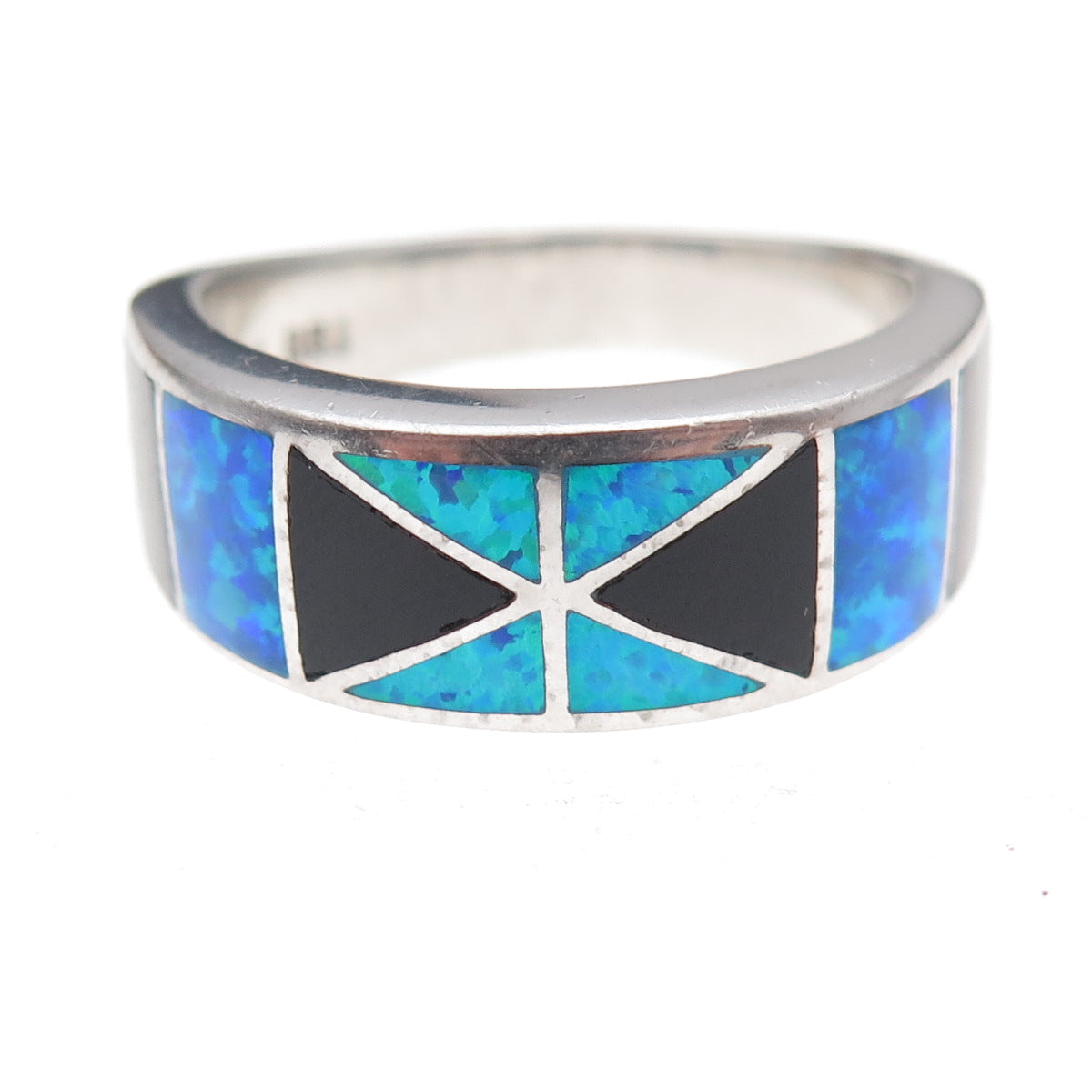 925 Sterling Silver Real Black Onyx & Opal Ring Size 11.75