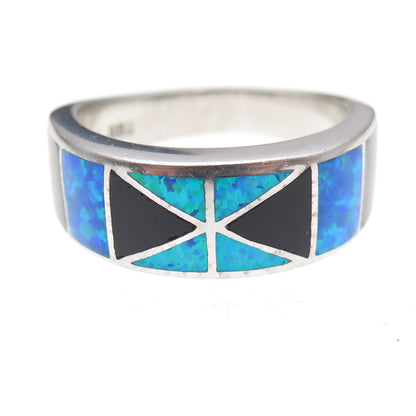 925 Sterling Silver Real Black Onyx & Opal Ring Size 11.75