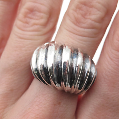 925 Sterling Silver Vintage Modernist Ribbed Dome Oxidized Ring Size 7.75