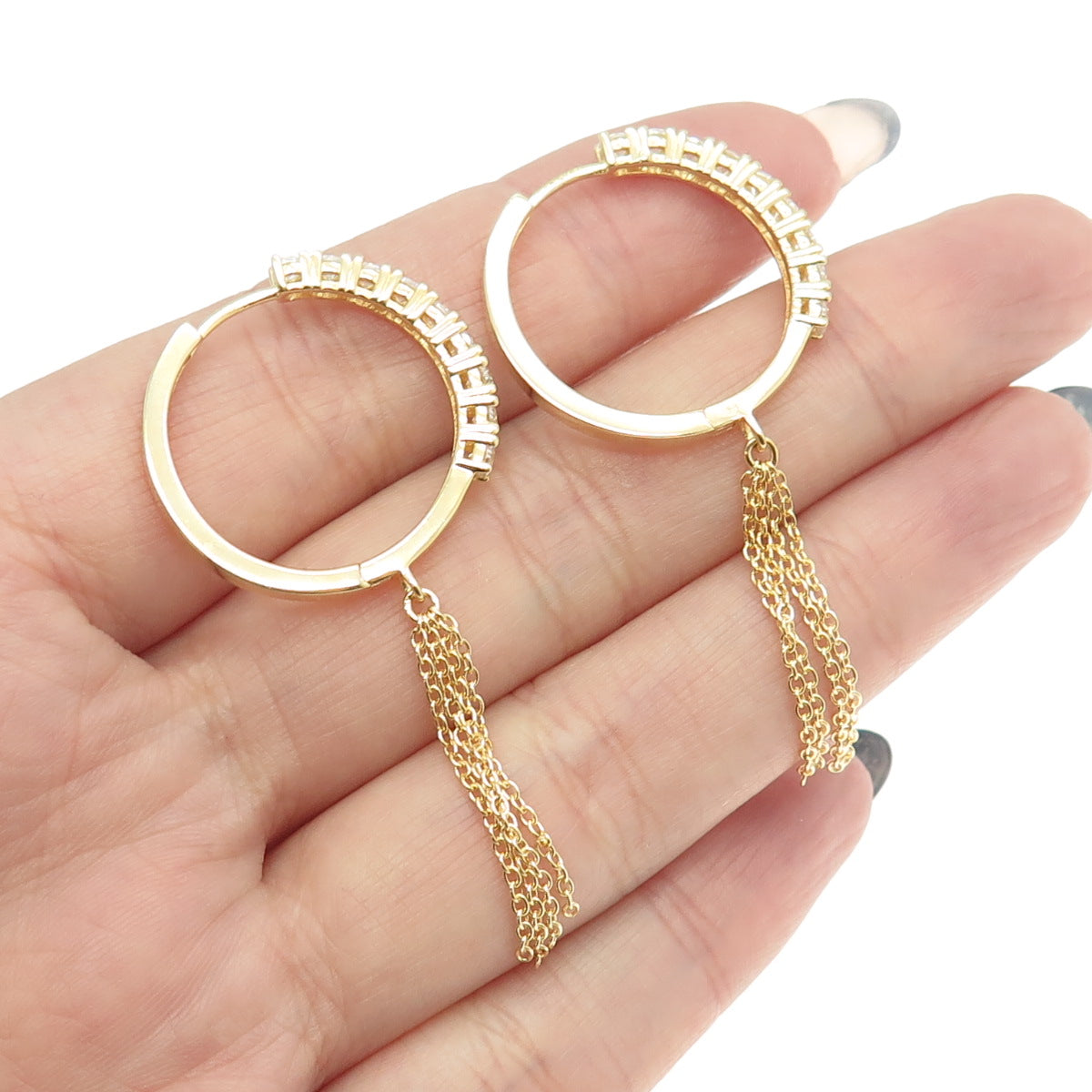 925 Sterling Silver Gold Plated Round-Cut C Z Tassel Hoop Earrings