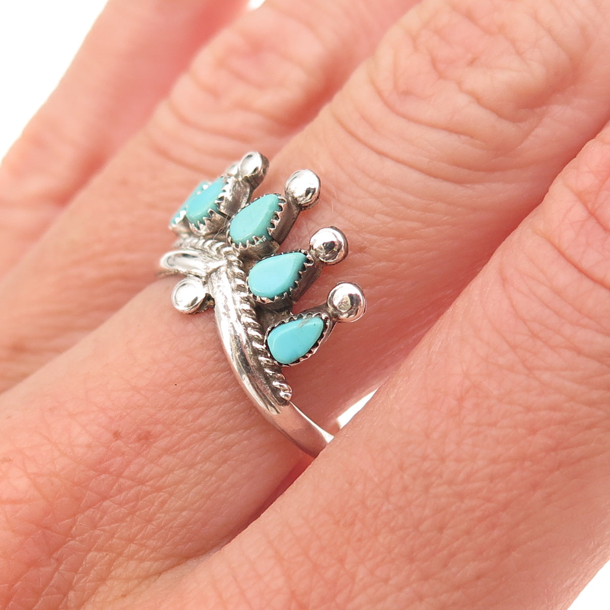 Old Pawn 925 Sterling Silver Vintage Southwestern Turquoise Crown Ring Size 7.25