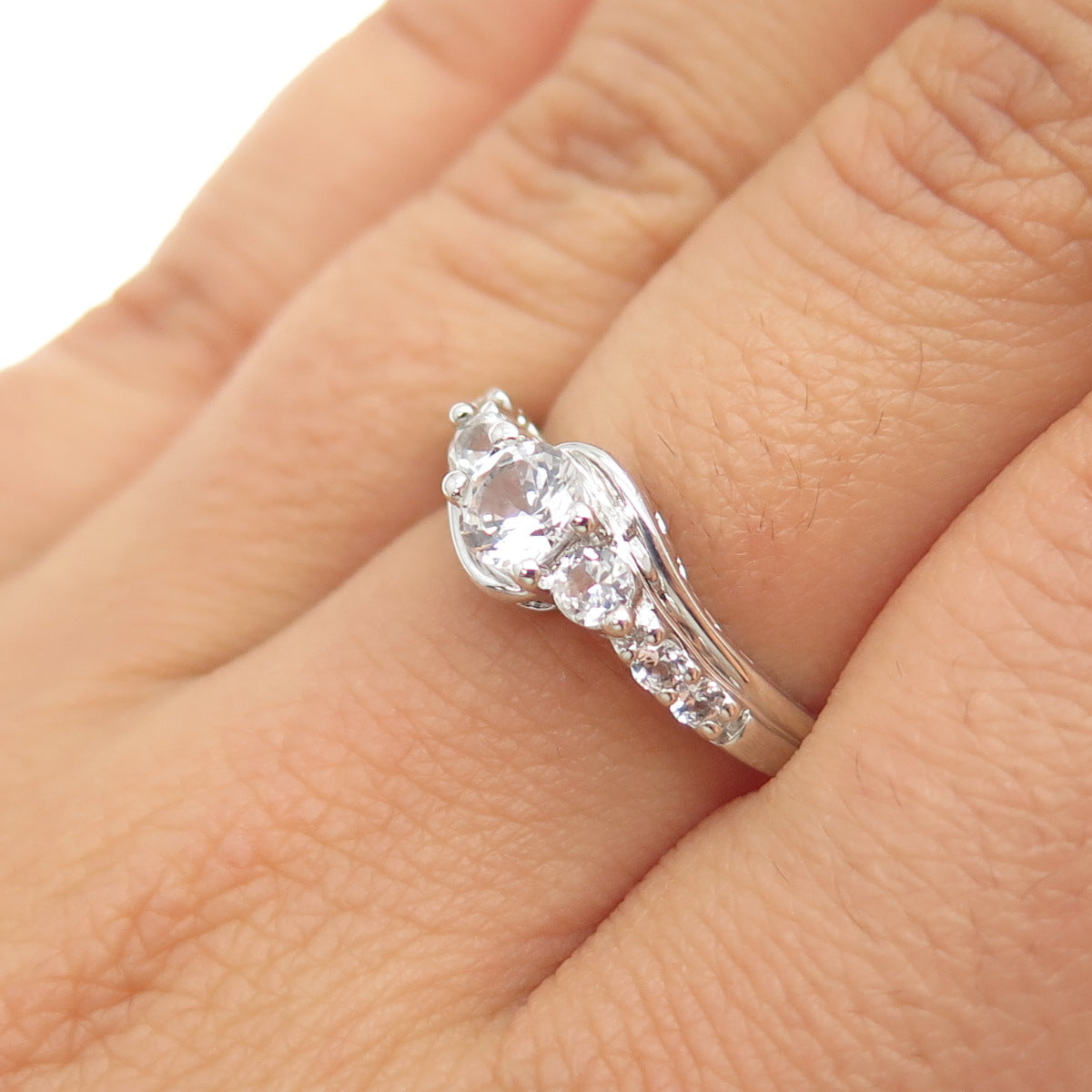 SUN 925 Sterling Silver Real Round-Cut White Topaz Engagement Ring Size 6.75