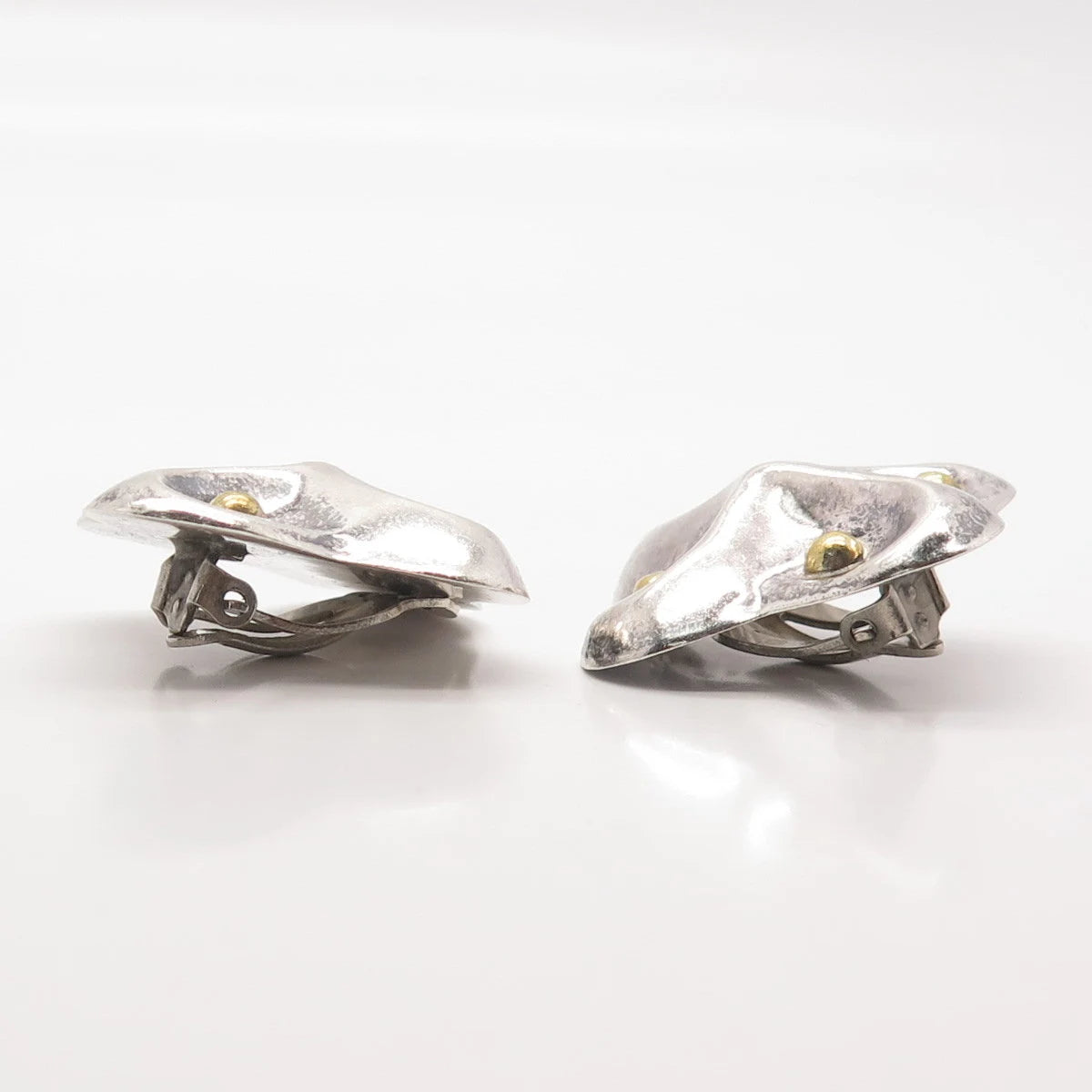 925 Sterling Silver 2-Tone Vintage Mexico Modernist Clip On Earrings